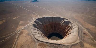Aerial view of large crater in barren desert landscape with sparse road networks. photo