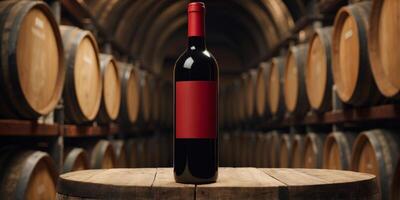 A bottle of red wine with a blank label placed on a wooden barrel in a wine cellar Shelves with wine bottles are visible in the background. photo