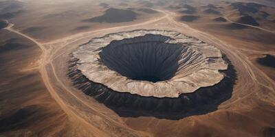 Aerial view of large crater in barren desert landscape with sparse road networks. photo