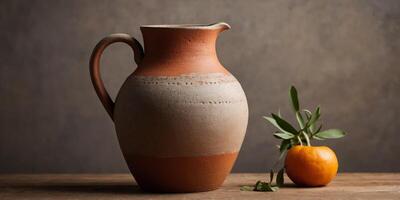 Minimalist Rustic Clay Jug on Warm Background. photo