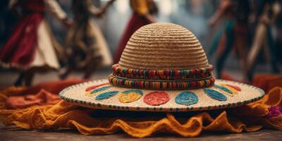 Sombrero with dancers figures within traditional attire within the background. photo