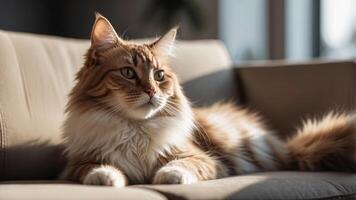 Fluffy white and tan cat relaxing on sunlit couch with calm expression. photo