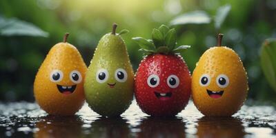 Four adorable fruit characters with smiling faces standing among wet green leaves, displaying a whimsical scene. photo