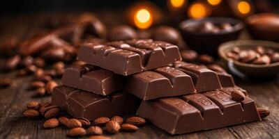 Chocolate bars and cocoa beans on a rustic table. photo