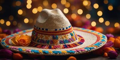 Sombrero with dancers figures within traditional attire within the background. photo