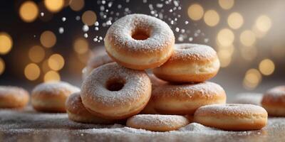 Stack of powdered sugar donuts with sugar falling. photo
