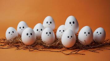 Minimal Halloween concept with white eggs as ghost characters on orange background Flat lay. photo