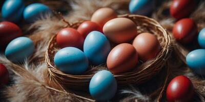 Blue and red colored eggs in a basket and bird feathers top view. photo