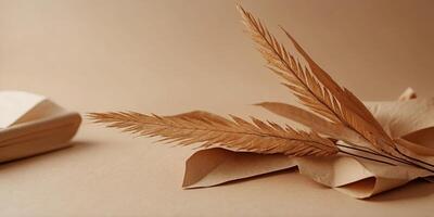 Minimal stationery still life Dry palm leafs on craft paper. photo