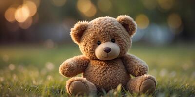 a stuffed toy bear playing ball on a grass meadow. photo