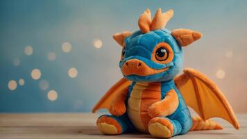 A plush dragon toy on a light orange and blue background. photo