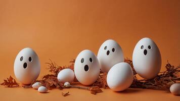 Minimal Halloween concept with white eggs as ghost characters on orange background Flat lay. photo