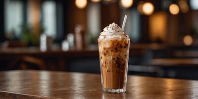 A tall glass of iced coffee drink featuring ice cream atop wooden counter. photo