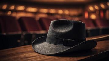 Worn hat and cane lie on wooden stage in dimly lit empty theater. photo