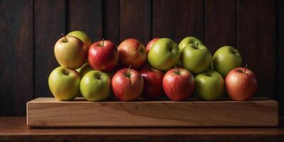A vibrant still life display of juicy apples and assorted balls atop a wooden wall shelf, exuding a playful yet sophisticated indoor design. photo