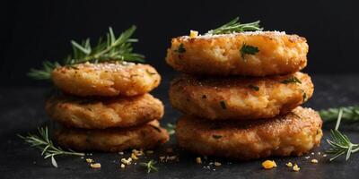 Golden fritters with herbs on dark slate background. photo