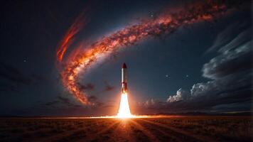 Powerful Rocket Launching into the Starry Night Sky with Fiery Thrust and Swirling Clouds. photo