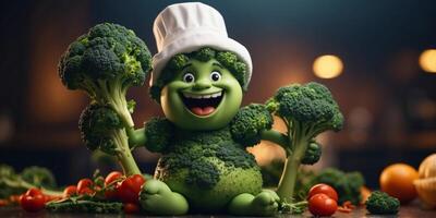 Green broccoli statue with big smile and chef's hat on top of it. photo