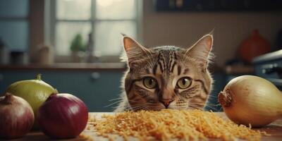 Crying cat watching onion chopping - Humorous image of a wide-eyed cat with tears as onions are being chopped nearby, evoking empathy and whimsy. photo