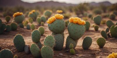 Prickly pear cactus in an arid landscape, with flat, paddle-shaped pads and vibrant nopales fruit, displaying the cactus's resilience and colorful appeal. photo