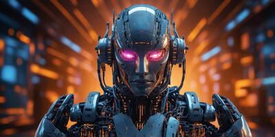 Futuristic Robot Standing Amidst Glowing Digital Grid and Circuits of an advanced intelligence machine with robotic features surrounded by a complex network of digital data technology. photo