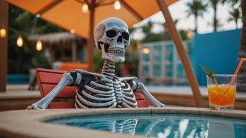 Chill skeleton with a drink pool cabana behind. photo