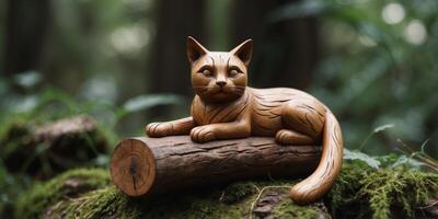 A wooden cat statue is resting on a log The statue is brown and has a sleepy expression The log is surrounded by green leaves, giving the scene a peaceful and natural feel. photo
