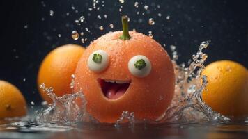 a delightfully animated grapefruit character splashing in a refreshing burst of citrusy liquid. photo