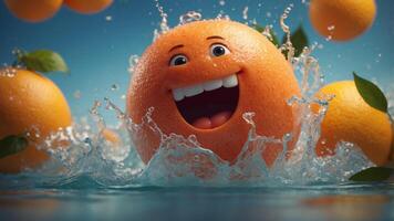 a delightfully animated grapefruit character splashing in a refreshing burst of citrusy liquid. photo