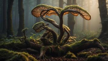 Primeval Forest at the Edge of Day Warm Sunlight Streaming Through Misty Haze Twisted Ancient Branches and Lush Glowing Fungi. photo