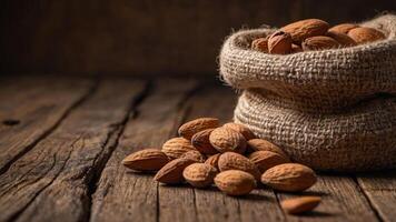 A burlap sack filled with almonds sits on a rustic wooden table with a few almonds scattered nearby. photo
