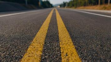 Close-up of yellow dividing lines on the small two side highway. photo
