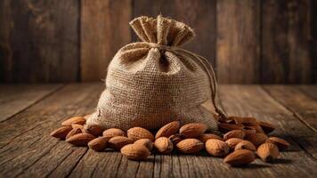 A burlap sack filled with almonds sits on a rustic wooden table with a few almonds scattered nearby. photo
