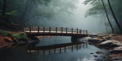 Wooden Bridge Over a Misty Stream in a Forest. photo