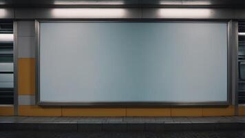 A white billboard is being on a subway platform. photo