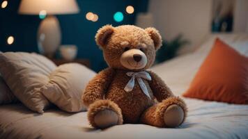 A teddy bear is sitting on a bed with a pillow. photo