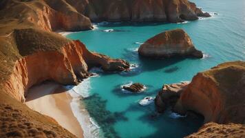 Aerial View of Dramatic Coastal Cliffs with Turquoise Waters and Mesmerizing Geological Formations. photo