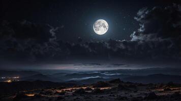 amazing scenery of white glowing moon with craters in black sky with clouds at night. photo