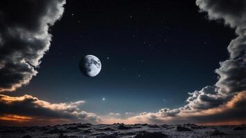 amazing scenery of white glowing moon with craters in black sky with clouds at night. photo
