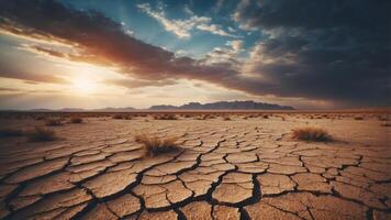 Cracked Dried Earth of Desolate Desert Landscape Under Dramatic Cloudy Sky. photo