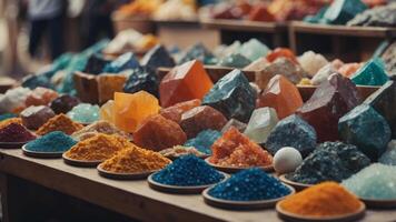Assorted Minerals on Display at Market Stall. photo