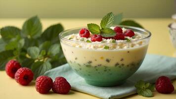 Creamy tapioca pudding garnished with mint leaves in green bowl on yellow background. photo