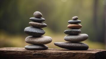 Five stacked stones forming balanced structure on rustic background. photo