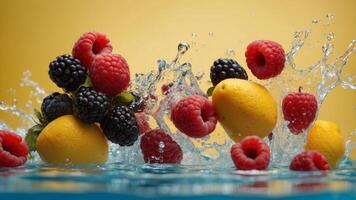 Mixed berries and fruits splashing with water on yellow background. photo