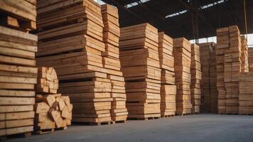 Panoramic view of timber factory storage yard with numerous piles of timber planks organized. photo