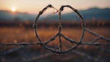 Peace sign made of barbed wire symbolizing conflict along with hope. photo