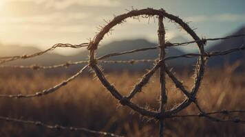 Peace sign made of barbed wire symbolizing conflict along with hope. photo