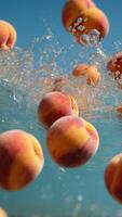 Peaches splashing into water with bubbles in a refreshing scene. photo