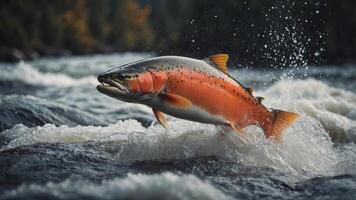 Powerful Salmon Leaping Through Rushing River Rapids During Upstream. photo