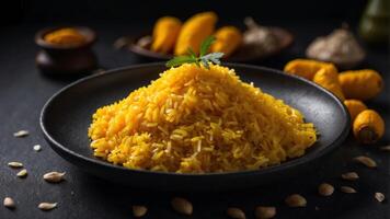 Risotto or rice with fresh turmeric on a dark surface. photo
